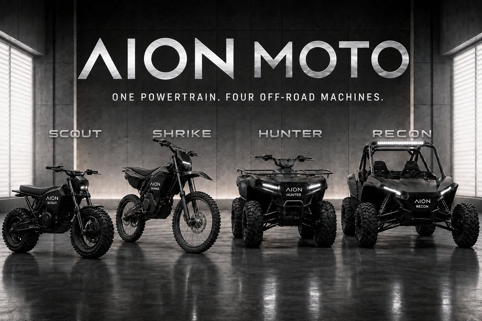 The AION MOTO lineup: Scout camp bike, Shrike dirt bike, Hunter ATV and Recon buggy, all in black.